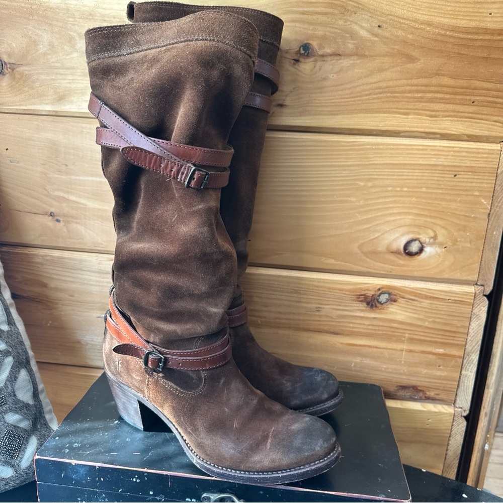 Frye Brown Suede Belted slouch Boots with Buckles